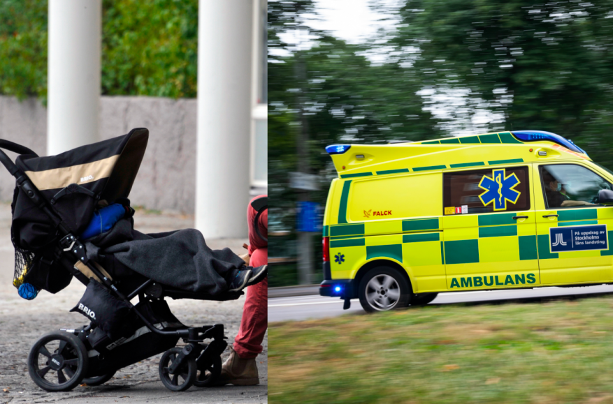Kvinna och barn påkörda vid övergångsställe. Barnvagnen och ambulansen är inte samma som i artikeln.
